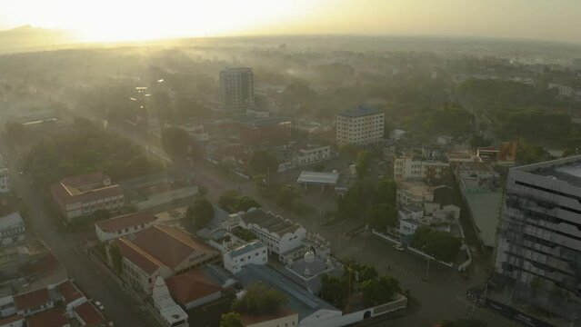 Aerial drone shot of Kisumu city in the morning with the sunrising