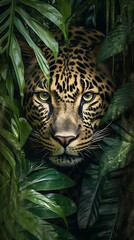 Leopard head Crawling​​​ from jungle, generative ai