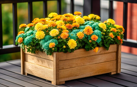planting container with chrysanthemums for the house on the balcony