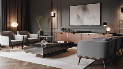 modern living room with an impeccable interior design. The sleek sideboard beautifully complements the contemporary decor, Generative AI