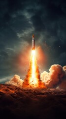 The rocket flies into space, the rocket rises up with a powerful flame. Generative AI