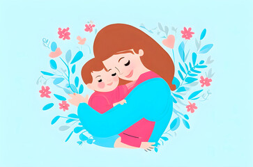 Illustration of a mother holding baby son in her arms. Happy mothers Day greeting card, Generative AI.