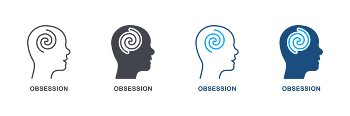 Mental Obsession in Human Head Silhouette and Line Icon Set. Mind Disorder, Depression Symbol Collection. Intellectual Process. Hypnosis Psychology Therapy Pictogram. Isolated Vector Illustration