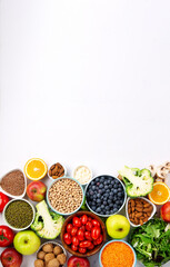 Fresh Ingredients for Dietary, Vegetables, Fruits, Nuts, Meat for Weight Loss on White Background