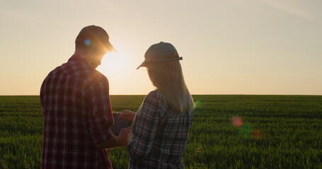 A couple of happy successful farmers communicate near a wheat field at sunset. Use a tablet