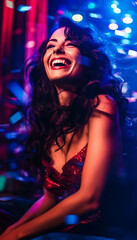 Naklejka na ściany i meble Whimsical Italian woman in red blue purple mod fashion with smoked eye shadow and dark wavy hair, laughing while sitting in a night club, bokeh background, generative ai