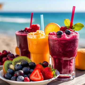 Healthy smoothies with fresh berries and fruits on the beach.