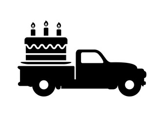 Logo feliz cumpleaños. Silueta de furgoneta vintage con tarta de cumpleaños con velas