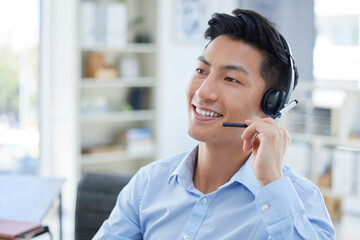 Smile, call center and asian man in office for customer support, advice and friendly service....