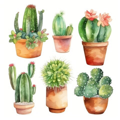 Watercolor cactus in a pot on white background. Botanical home garden. Natural green leaves collection of plants. Ai generative.