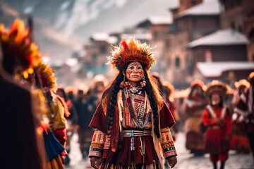 Fototapeta premium A woman dressed in native clothing walking down a street. Generative AI. Qoyllur Rit'i in Cusco, Peru.