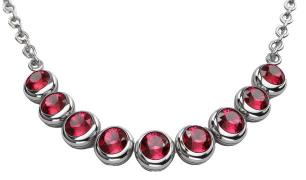 Silver necklace with red ruby gems isolated on a transparent background, generative AI jewellery