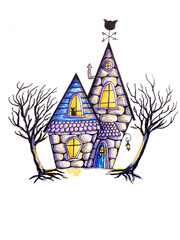 House of the Good Witch, between the trees and with the cat in the window, watercolor marker Halloween illustration in cartoon style. For postcards, prints for clothes, mugs, shoppers etc