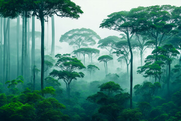 Misty Morning: Enchanting treetops of a virgin rainforest, showcasing diverse canopies, towering giants, and a rich tapestry of life. Nature's symphony
