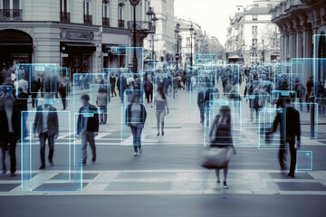 Facial recognition technology to monitor the population on busy street. Generative AI - obrazy, fototapety, plakaty