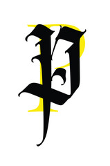 Letter p, in the Gothic style. Vector. Alphabet. The symbol is isolated on a white background. Calligraphy and lettering. Medieval Latin letter. Logo for the company. Monogram. Elegant font for tattoo