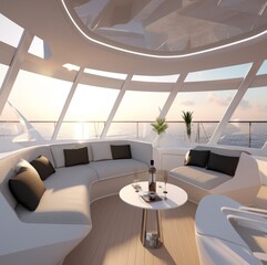 interior of modern yacht, a luxury ship with concept seats, a small table and large windows
