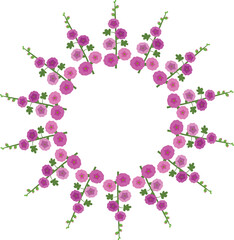 Vector illustration decorative wreath of pink mallow
flowers. Hand drawn floral frame isolated on white background. 