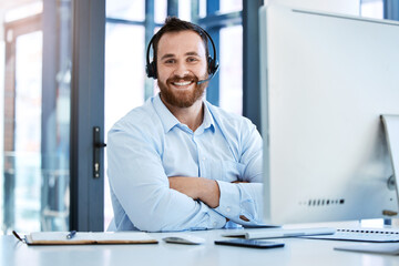 Fototapeta na wymiar Call center, arms crossed and portrait of business man in office for customer service, communication and contact us. Help desk, advice and sales with male employee for networking and receptionist