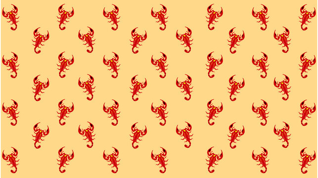 Seamless pattern with red scorpions on a yellow background.