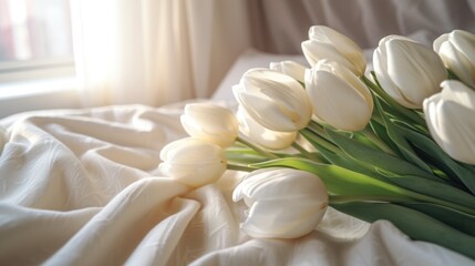 Fototapeta na wymiar bouquet of white tulips on white , ai generative