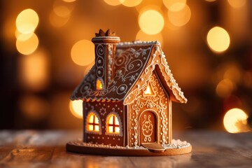 Decorated with gingerbread and a house on top.Christmas cake. Background bokeh effect, candles, tree and ornaments. Generative AI