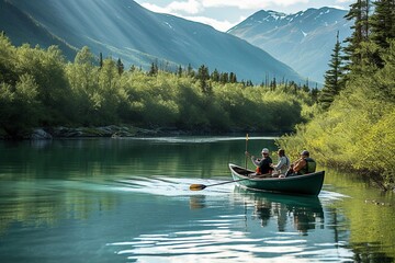 Fototapeta na wymiar Scenic Canoe Trip - Three Friends on a Mountain Lake - AI Generative