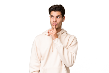 Young caucasian handsome man over isolated background showing a sign of silence gesture putting finger in mouth