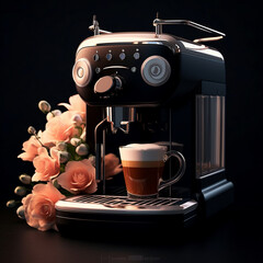 cup of cappuccino with coffee machine in flowers Generative AI