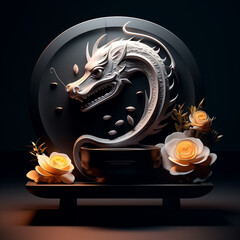 black decorative plate with dragon Generative AI