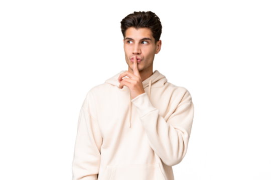 Young caucasian handsome man over isolated background showing a sign of silence gesture putting finger in mouth