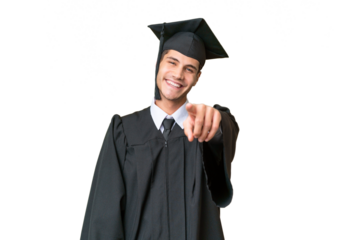 Young university graduate caucasian man over isolated background points finger at you with a confident expression