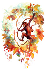 A painting of a monkey hanging from a tree. Generative AI.