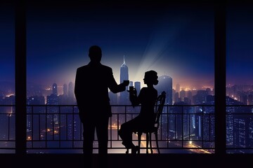 Obraz premium Silhouettes of a couple of rich people on the balcony against the backdrop of the night city. Generative ai.