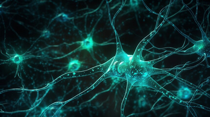 A close up of a brain with green lights and the words neuron on the left.generative ai
