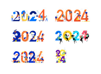 New year 2024. Meeting the new year. Business people greet Christmas and New Year. New Horizons. Preparation for the holiday. Business metaphors. Businessmen in different situations. Different styles.