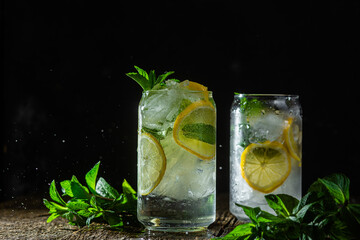 Cold lemonade with mint and lemon and ice on a dark background