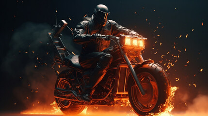 A man riding a motorcycle with a fire burning on the back.generative ai