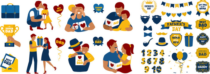 Fototapeta premium Fathers day. Beautiful fathers holds a baby in her arms, men hugs her children. Set of flat icon from design banner or template