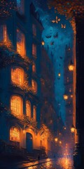 The city streets are lined with charming buildings adorned with twinkling lights while fireflies swarm the sky, creating a luminous spectacle. AI generative