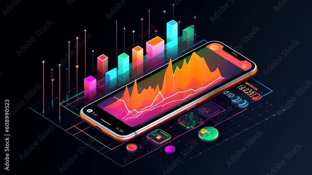 Poster application of smartphone with business graph and analytics data on an isometric mobile phone. analy