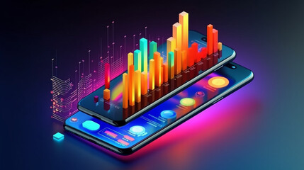 Application of Smartphone with business graph and analytics data on an isometric mobile phone. Analysis trends and software development coding process concept, Generative AI