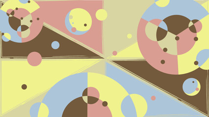 天体・月・歯車のような丸いオブジェクトのあるレトロな色調のフラット背景イラスト・スモーキーパステル