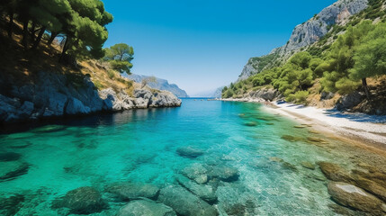 Obraz premium Turquoise sea, endless green hills, lush floral fields, majestic cliffs, soft golden sand, velvety night, gentle breeze, vibrant sunset, sparkling streams, silky clouds, emerald la Generative AI