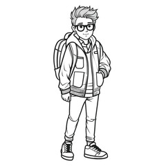 Cute and Crisp: Black and White Coloring Page of a School Boy for Kids