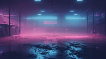 A soccer field adorned with intricate textures and enveloped in a hazy neon fog, specifically in the central area known as the midfield. Generative AI