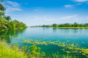 Shore of Jarun lake in Zagreb, Croatia, sunny summer day, tourist destination