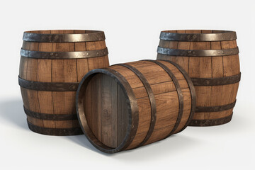 Three old wooden barrels for alcohol. Generative ai.