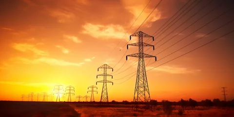 Rolgordijnen Banner High-voltage Power lines at sunset,high voltage electric transmission tower. © liliya