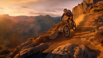 Fototapeta na wymiar A mountain biker rides a mountain bike in the mountains.generative ai